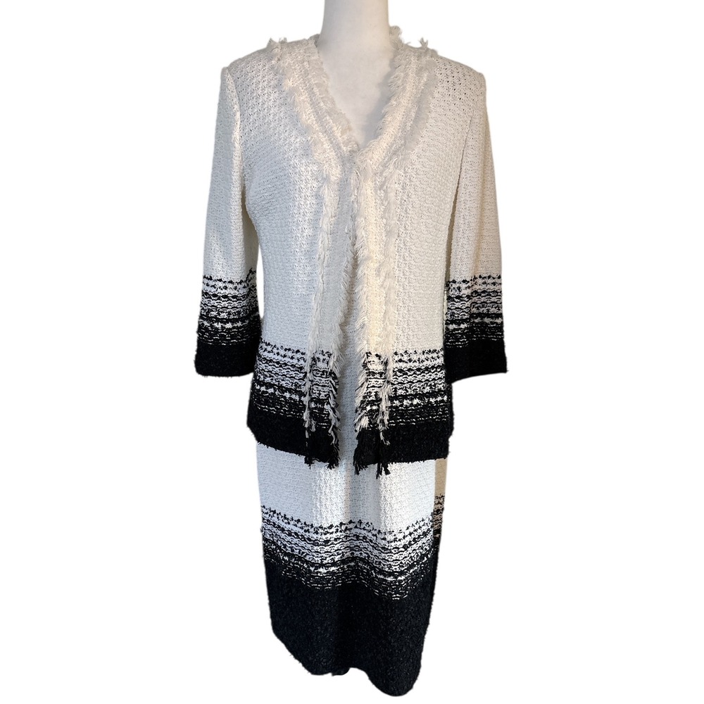 St John Collection M/L Tweed Look Fringe‎ Textured Knit 2 Piece Dress Jacket Set